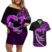 Personalised Hawaii Couples Matching Off Shoulder Short Dress and Hawaiian Shirt Maui Be Strong Kakau Purple Version LT01 Purple - Polynesian Pride