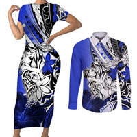 Polynesian Valentine Couples Matching Short Sleeve Bodycon Dress and Long Sleeve Button Shirt Couple Floral Unique Blue Version LT01 Blue - Polynesian Pride