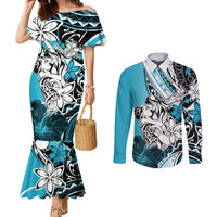 Polynesian Valentine Couples Matching Mermaid Dress and Long Sleeve Button Shirt Couple Floral Unique Sky Blue Version LT01 Sky - Polynesian Pride