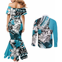 Polynesian Valentine Couples Matching Mermaid Dress and Long Sleeve Button Shirt Couple Floral Unique Sky Blue Version LT01 - Polynesian Pride