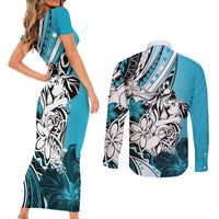 Polynesian Valentine Couples Matching Short Sleeve Bodycon Dress and Long Sleeve Button Shirt Couple Floral Unique Sky Blue Version LT01 - Polynesian Pride