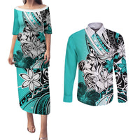 Polynesian Valentine Couples Matching Puletasi and Long Sleeve Button Shirt Couple Floral Unique Turquoise Version LT01 Turquoise - Polynesian Pride