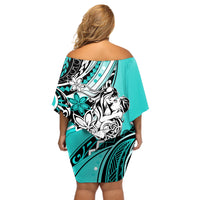 Polynesian Valentine Off Shoulder Short Dress Couple Floral Unique Turquoise Version LT01 - Polynesian Pride