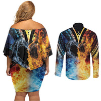 Personalised Polynesian Heart In Fire And Water Couples Matching Off Shoulder Short Dress and Long Sleeve Button Shirt Romantic Elements