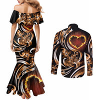 Personalised Polynesian Fiery Heart Couples Matching Mermaid Dress and Long Sleeve Button Shirt Passionate Love