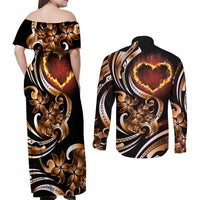 Personalised Polynesian Fiery Heart Couples Matching Off Shoulder Maxi Dress and Long Sleeve Button Shirt Passionate Love