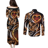 Personalised Polynesian Fiery Heart Couples Matching Puletasi and Long Sleeve Button Shirt Passionate Love
