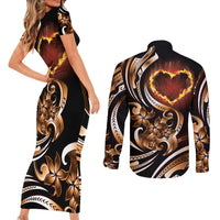 Personalised Polynesian Fiery Heart Couples Matching Short Sleeve Bodycon Dress and Long Sleeve Button Shirt Passionate Love
