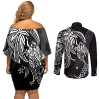 Polynesian Mermaid Plumeria Tribal Tattoo Couples Matching Off Shoulder Short Dress and Long Sleeve Button Shirt