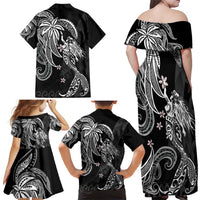 Polynesian Mermaid Plumeria Tribal Tattoo Family Matching Off Shoulder Maxi Dress and Hawaiian Shirt
