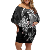 Polynesian Mermaid Plumeria Tribal Tattoo Family Matching Off Shoulder Short Dress and Hawaiian Shirt
