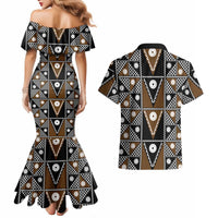 Fiji Brown Masi Pattern Couples Matching Mermaid Dress and Hawaiian Shirt Fijian Tapa