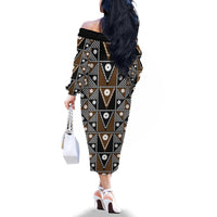 Fiji Brown Masi Pattern Family Matching Off The Shoulder Long Sleeve Dress and Hawaiian Shirt Fijian Tapa LT01 - Polynesian Pride
