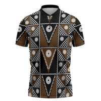 Fiji Brown Masi Pattern Zipper Polo Shirt Fijian Tapa