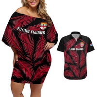 Fiji Rugby Couples Matching Off Shoulder Short Dress and Hawaiian Shirt Flying Fijians Red Palm Tree Version LT01 Black - Polynesian Pride