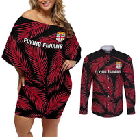 Fiji Rugby Couples Matching Off Shoulder Short Dress and Long Sleeve Button Shirts Flying Fijians Red Palm Tree Version LT01 Black - Polynesian Pride