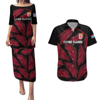 Fiji Rugby Couples Matching Puletasi Dress and Hawaiian Shirt Flying Fijians Red Palm Tree Version LT01 Black - Polynesian Pride