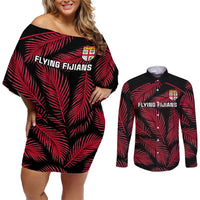 Custom Fiji Rugby Couples Matching Off Shoulder Short Dress and Long Sleeve Button Shirts Flying Fijians Red Palm Tree Version LT01 Black - Polynesian Pride