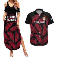Custom Fiji Rugby Couples Matching Summer Maxi Dress and Hawaiian Shirt Flying Fijians Red Palm Tree Version LT01 Black - Polynesian Pride