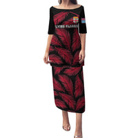 Custom Fiji Rugby Puletasi Flying Fijians Red Palm Tree Version LT01 Long Dress Black - Polynesian Pride