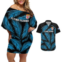 Fiji Rugby Couples Matching Off Shoulder Short Dress and Hawaiian Shirt Flying Fijians Blue Palm Tree Version LT01 Black - Polynesian Pride