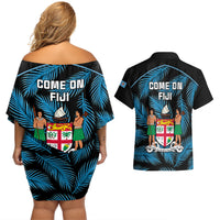 Fiji Rugby Couples Matching Off Shoulder Short Dress and Hawaiian Shirt Flying Fijians Blue Palm Tree Version LT01 - Polynesian Pride