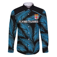 Fiji Rugby Family Matching Mermaid Dress and Hawaiian Shirt Flying Fijians Blue Palm Tree Version LT01 Dad's Shirt - Long Sleeve Black - Polynesian Pride