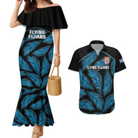 Custom Fiji Rugby Couples Matching Mermaid Dress and Hawaiian Shirt Flying Fijians Blue Palm Tree Version LT01 Black - Polynesian Pride