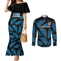 Custom Fiji Rugby Couples Matching Mermaid Dress and Long Sleeve Button Shirts Flying Fijians Blue Palm Tree Version LT01 Black - Polynesian Pride