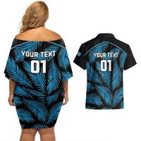 Custom Fiji Rugby Couples Matching Off Shoulder Short Dress and Hawaiian Shirt Flying Fijians Blue Palm Tree Version LT01 - Polynesian Pride