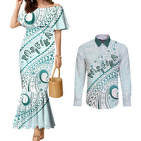 Pasifika Festival Couples Matching Mermaid Dress and Long Sleeve Button Shirt Tribal Pattern Teal Version LT01 Teal - Polynesian Pride