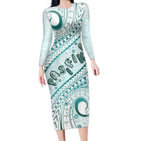 Pasifika Festival Family Matching Long Sleeve Bodycon Dress and Hawaiian Shirt Tribal Pattern Teal Version LT01 Mom's Dress Teal - Polynesian Pride