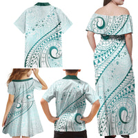 Pasifika Festival Family Matching Off Shoulder Maxi Dress and Hawaiian Shirt Tribal Pattern Teal Version LT01 - Polynesian Pride