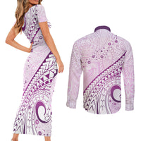 Pasifika Festival Couples Matching Short Sleeve Bodycon Dress and Long Sleeve Button Shirt Tribal Pattern Lilac Version LT01 - Polynesian Pride