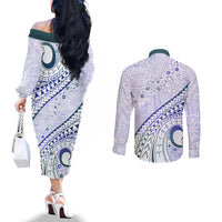 Pasifika Festival Couples Matching Off The Shoulder Long Sleeve Dress and Long Sleeve Button Shirt Tribal Pattern Violet Version LT01 - Polynesian Pride