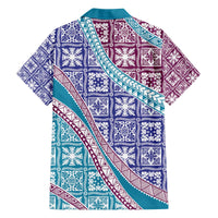 Hawaiian Quilt Pattern Family Matching Off The Shoulder Long Sleeve Dress and Hawaiian Shirt Purple Blue Color Mixed - Polynesian Pride