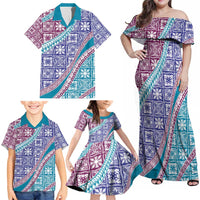 Hawaiian Quilt Pattern Family Matching Off Shoulder Maxi Dress and Hawaiian Shirt Purple Blue Color Mixed - Polynesian Pride