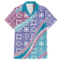 Hawaiian Quilt Pattern Family Matching Off Shoulder Short Dress and Hawaiian Shirt Purple Blue Color Mixed - Polynesian Pride
