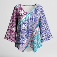 Hawaiian Quilt Pattern Kimono Sleeve Blouse Purple Blue Color Mixed - Polynesian Pride