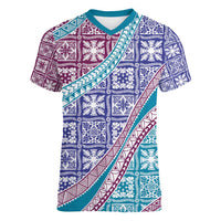 Hawaiian Quilt Pattern Women V-Neck T-Shirt Purple Blue Color Mixed - Polynesian Pride