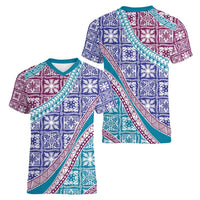 Hawaiian Quilt Pattern Women V-Neck T-Shirt Purple Blue Color Mixed - Polynesian Pride