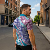 Hawaiian Quilt Pattern Zipper Polo Shirt Purple Blue Color Mixed - Polynesian Pride