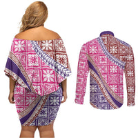 Hawaiian Quilt Pattern Couples Matching Off Shoulder Short Dress and Long Sleeve Button Shirt Sweet Color Mixed - Polynesian Pride