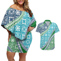 Hawaiian Quilt Pattern Couples Matching Off Shoulder Short Dress and Hawaiian Shirt Fresh Color Mixed - Polynesian Pride