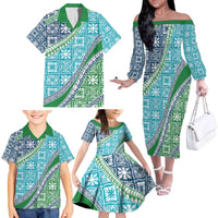 Hawaiian Quilt Pattern Family Matching Off The Shoulder Long Sleeve Dress and Hawaiian Shirt Fresh Color Mixed - Polynesian Pride
