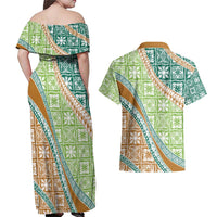 Hawaiian Quilt Pattern Couples Matching Off Shoulder Maxi Dress and Hawaiian Shirt Green Chestnut Color Mixed - Polynesian Pride