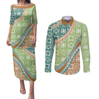 Hawaiian Quilt Pattern Couples Matching Puletasi and Long Sleeve Button Shirt Green Chestnut Color Mixed - Polynesian Pride
