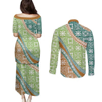 Hawaiian Quilt Pattern Couples Matching Puletasi and Long Sleeve Button Shirt Green Chestnut Color Mixed - Polynesian Pride