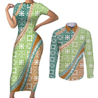 Hawaiian Quilt Pattern Couples Matching Short Sleeve Bodycon Dress and Long Sleeve Button Shirt Green Chestnut Color Mixed - Polynesian Pride