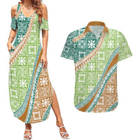 Hawaiian Quilt Pattern Couples Matching Summer Maxi Dress and Hawaiian Shirt Green Chestnut Color Mixed - Polynesian Pride